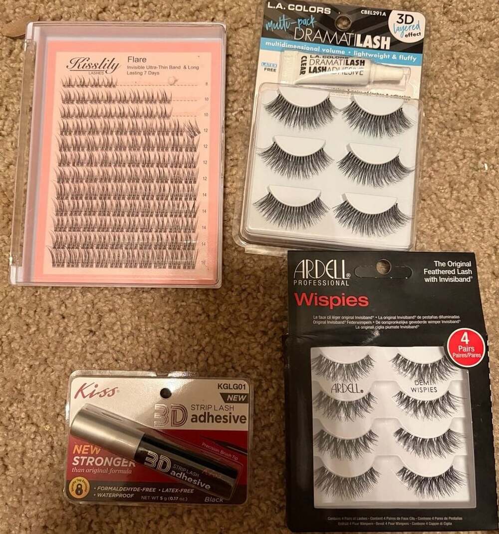 Bundle of fake eyelashes and supplies- Ardell Wispies, Kiss , LA colors